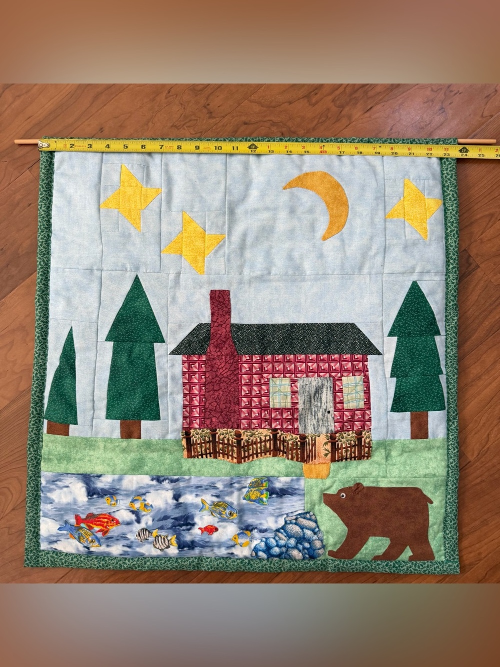 Wall Hanging Quilt Throw Country Cabin Bear Fish‎ Lodge Pine Trees Moon 24”x 24” - Picture 4 of 11